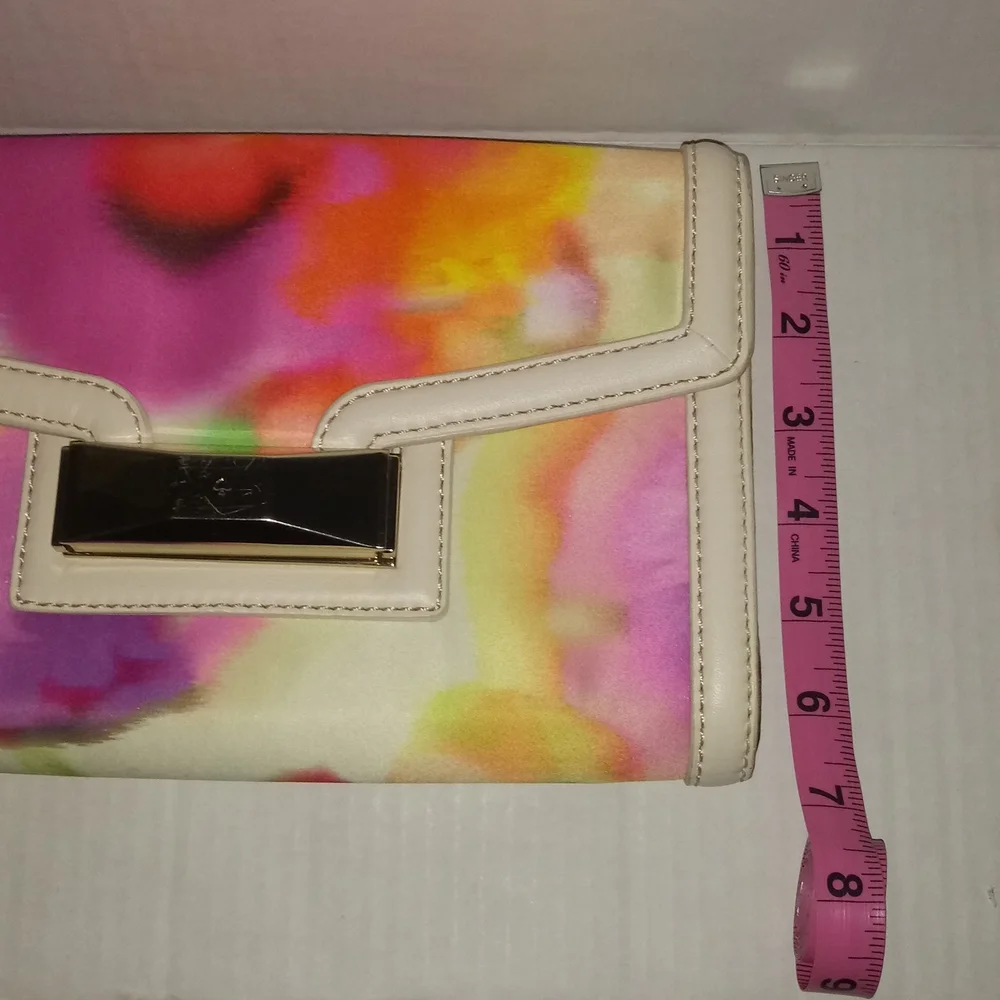 KATE SPADE MULTI COLOR SATIN CLUTCH WITH LEATHER TRIM - Picture 13 of 13